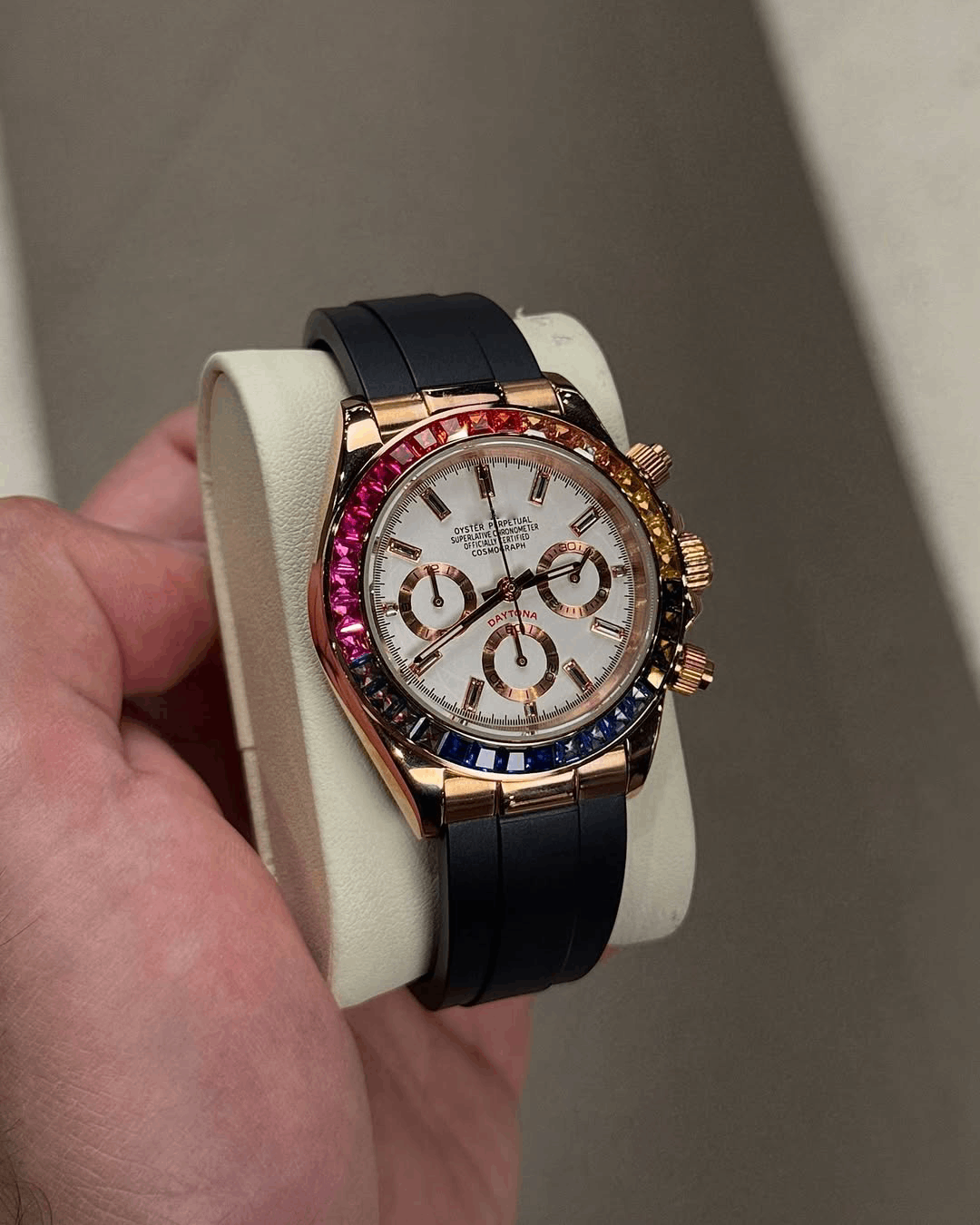 Chronograph Rose Gold Rainbow White Dial Flex