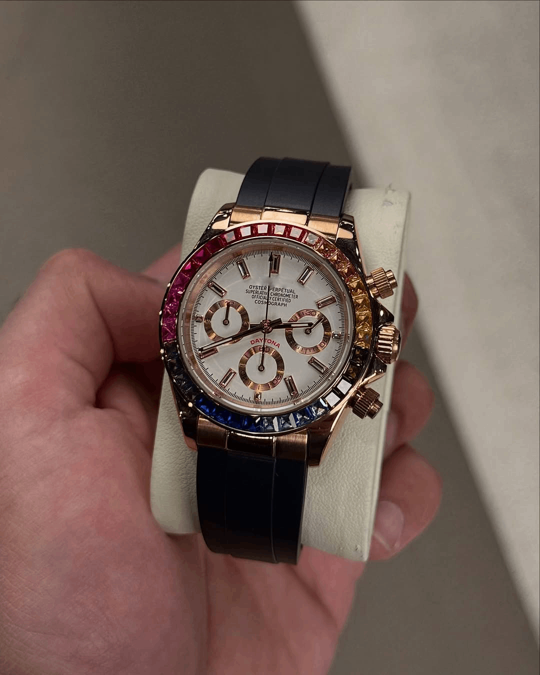 Chronograph Rose Gold Rainbow White Dial Flex